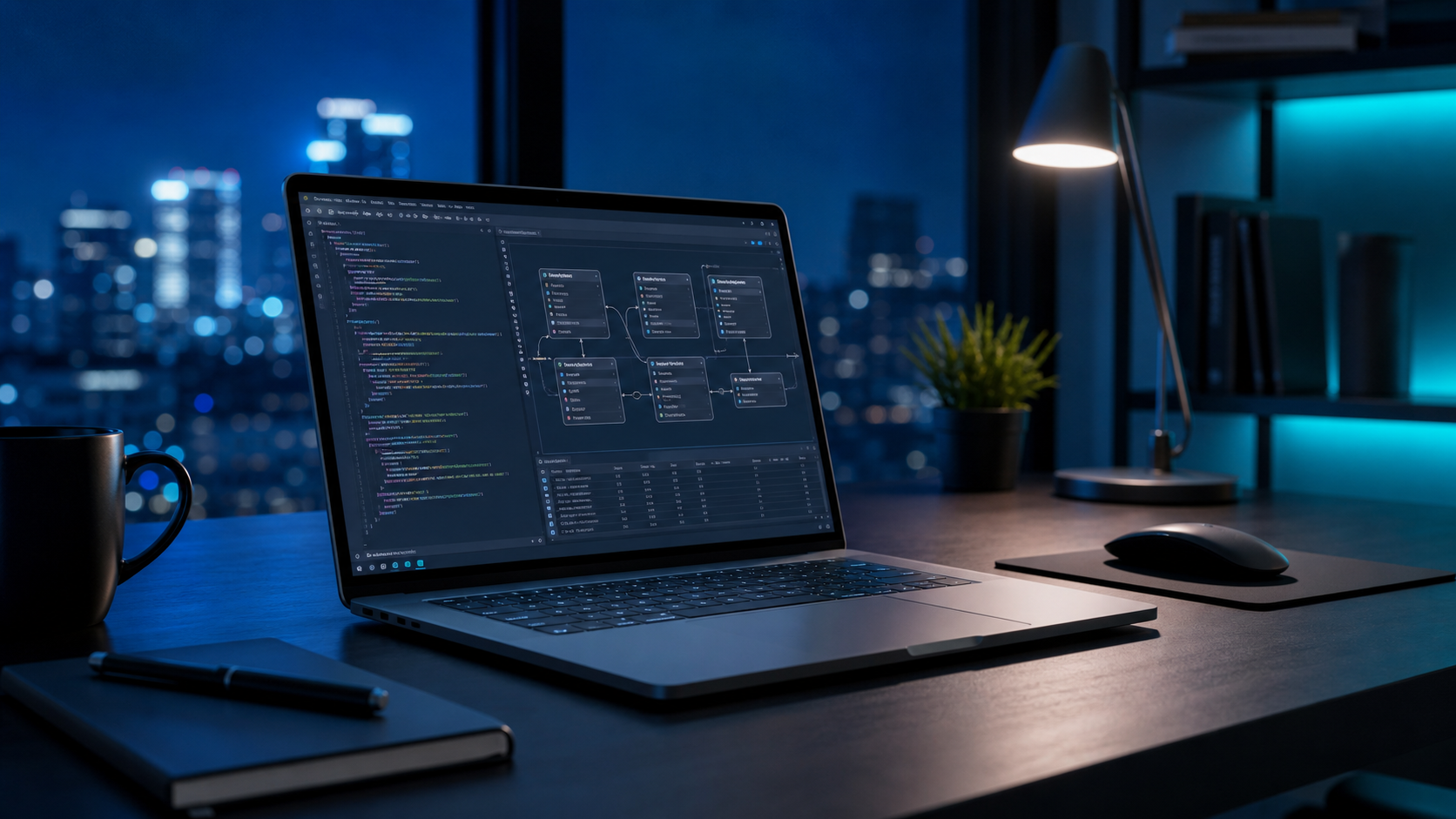 Modern developer workspace with laptop and software interface
