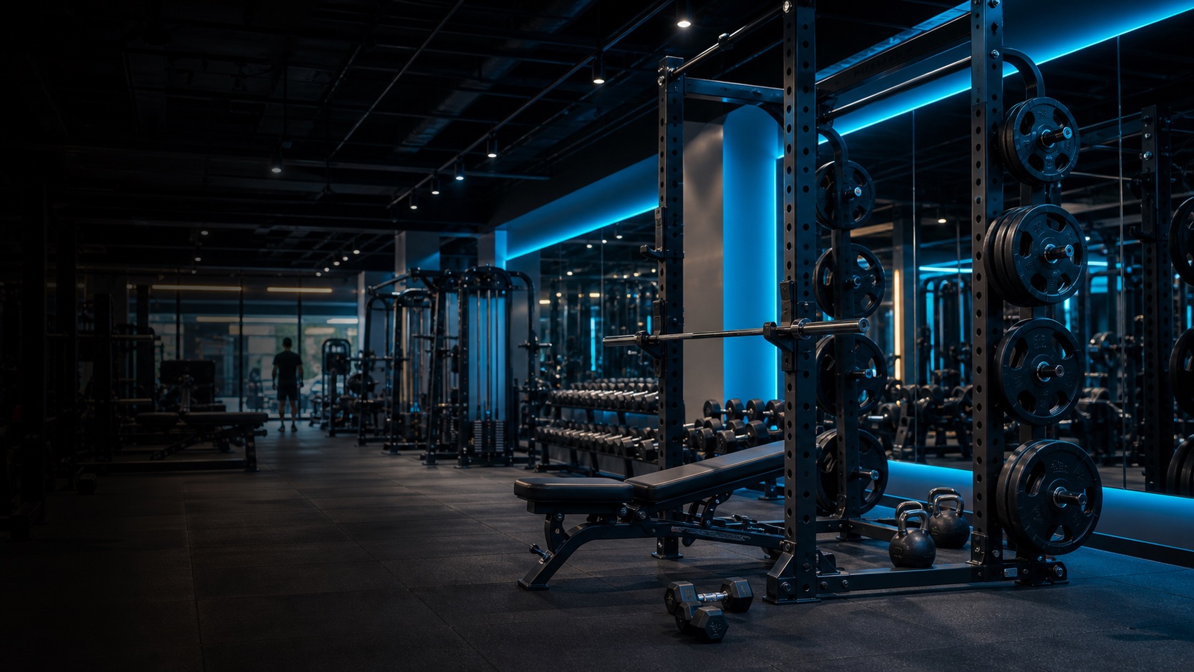 Demo palestra moderna con sala pesi e luci dinamiche