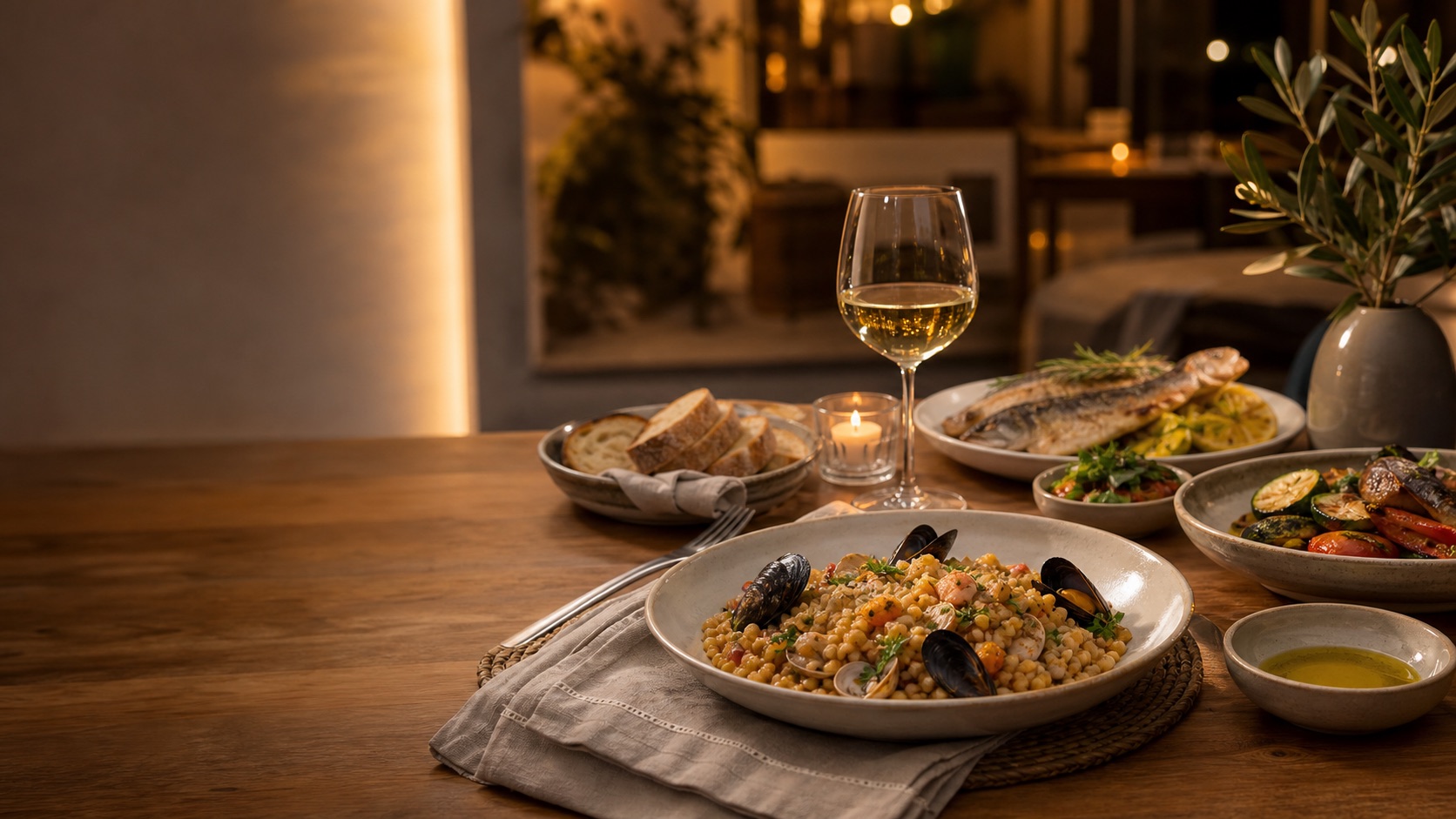 Demo ristorante mediterraneo con tavola elegante e piatti sardi